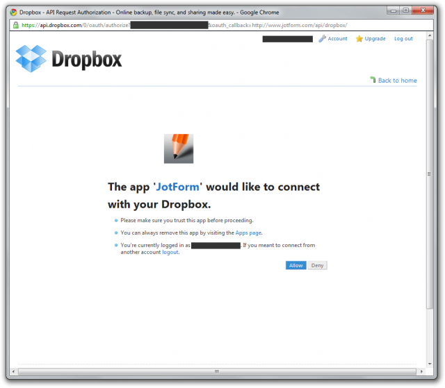 Conceda acesso ao JotForm no Dropbox.