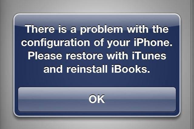 Existe um problema na configuração do seu iPhone. Por favor, restaure-o com o iTunes e reinstale o iBooks.