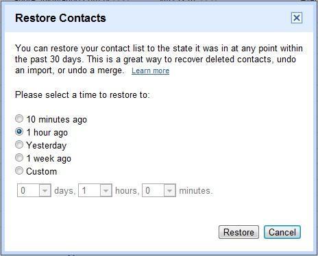 Restauração de contatos no Gmail.