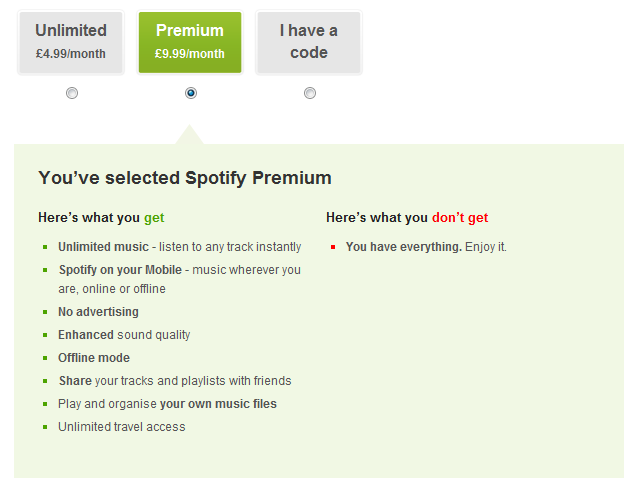 Screenshot dos planos e vantagens do Spotify.