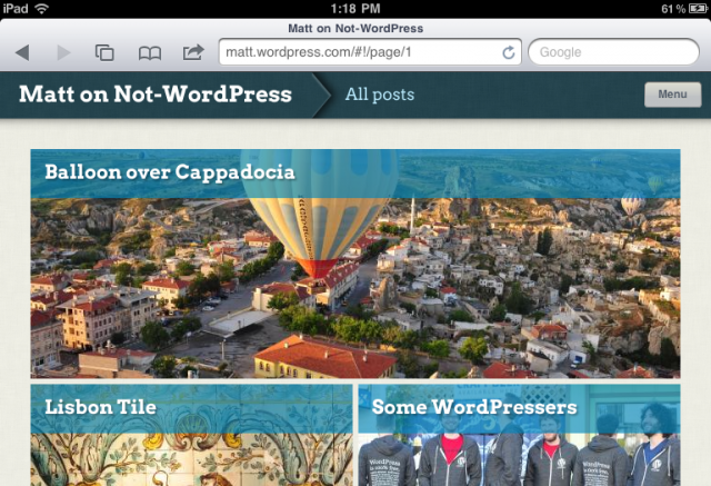 WordPress.com no iPad: interface otimizada.