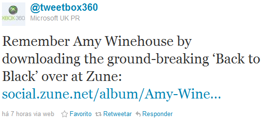Tweet da Microsoft sobre Amy Winehouse.