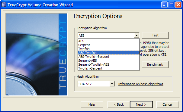 TrueCrypt - Criptografias aceitas